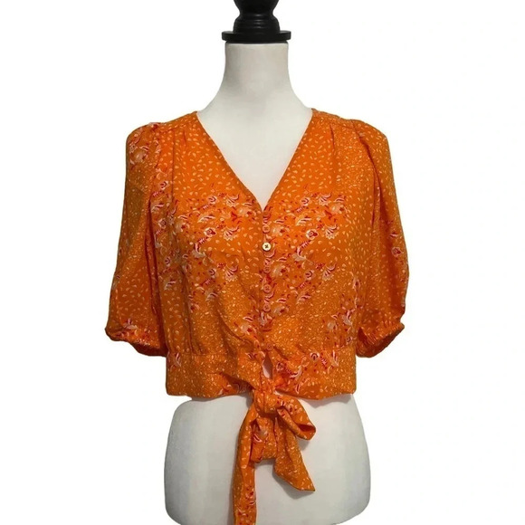 NWT! Joie Orange Floral Tie Front Crop Top. Medium - Picture 1 of 6
